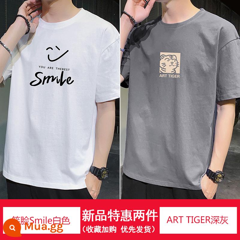 Nanjiren mùa hè mới áo thun cotton ngắn tay áo sơ mi nam có đáy rộng cổ tròn in hình học sinh Áo thun nửa tay - Nụ cười trắng + ART TIGER xám đen