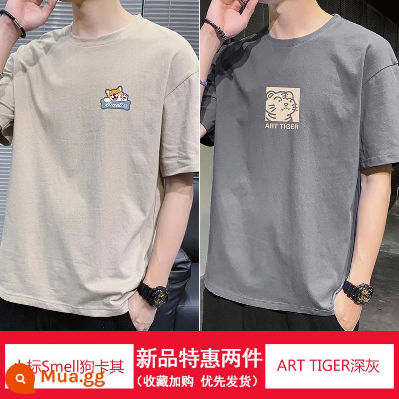 Nanjiren mùa hè mới áo thun cotton ngắn tay áo sơ mi nam có đáy rộng cổ tròn in hình học sinh Áo thun nửa tay - Kaki chó mùi tiêu chuẩn nhỏ + ART TIGER Xám đậm