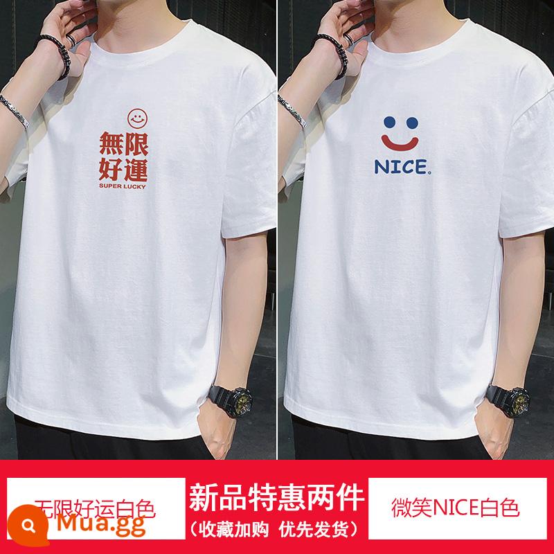 Nanjiren mùa hè mới áo thun cotton ngắn tay áo sơ mi nam có đáy rộng cổ tròn in hình học sinh Áo thun nửa tay - Chúc may mắn vô hạn trắng + nụ cười trắng NICE