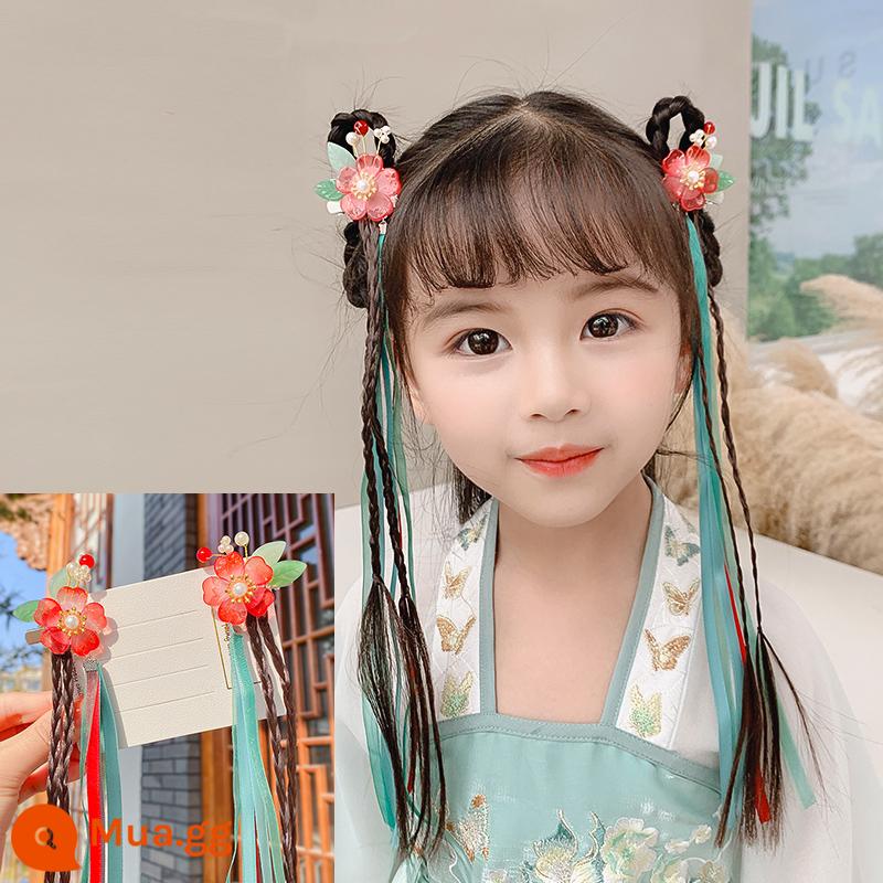 Mũ nón Hanfu cho bé gái, kẹp tóc trang phục cổ xưa cho bé gái, kẹp tóc nơ phong cách Trung Hoa, phụ kiện tóc, phụ kiện tết tóc giả kiểu cổ - Bím tóc giả hoa dài màu xanh lá cây