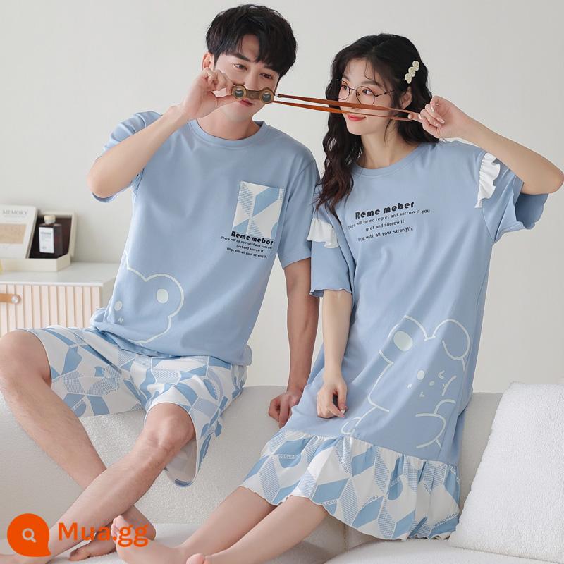 Bộ 2 giá cặp đôi đồ ngủ cotton mùa hè váy ngủ ngắn tay nữ mùa hè hoạt hình Hàn Quốc phục vụ tại nhà bộ vest nam mỏng - cặp đôi Wf8873