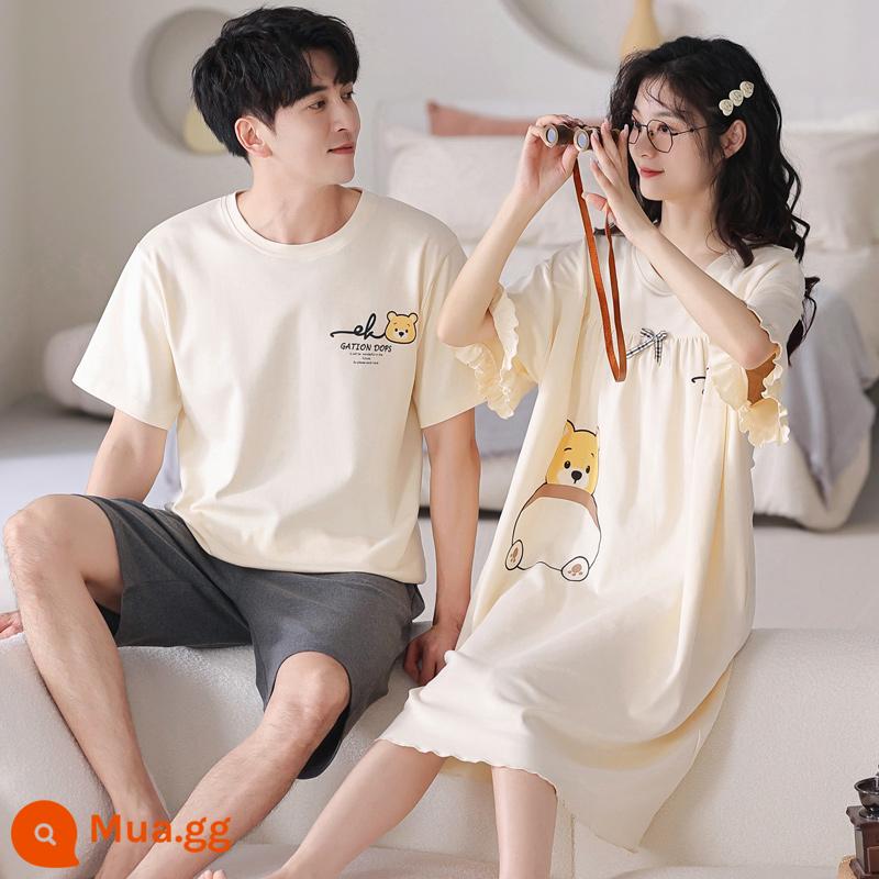 Bộ 2 giá cặp đôi đồ ngủ cotton mùa hè váy ngủ ngắn tay nữ mùa hè hoạt hình Hàn Quốc phục vụ tại nhà bộ vest nam mỏng - Cặp đôi T1896