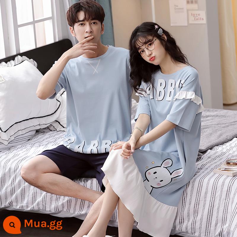 Bộ 2 giá cặp đôi đồ ngủ cotton mùa hè váy ngủ ngắn tay nữ mùa hè hoạt hình Hàn Quốc phục vụ tại nhà bộ vest nam mỏng - T1808 (xanh nhạt)