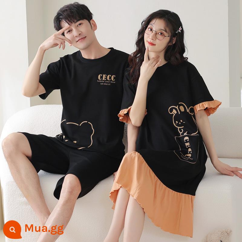 Bộ 2 giá cặp đôi đồ ngủ cotton mùa hè váy ngủ ngắn tay nữ mùa hè hoạt hình Hàn Quốc phục vụ tại nhà bộ vest nam mỏng - cặp đôi Wf8881