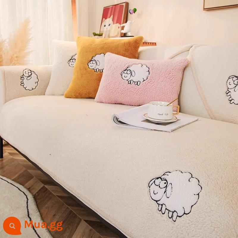 Lông Cừu Nhung Sofa Đệm Mùa Đông Dày Sang Trọng Đệm Chống Trơn Trượt Da Ghế Sofa Mùa Thu Đông Đệm Khăn Vải - Da cừu trắng nhạt