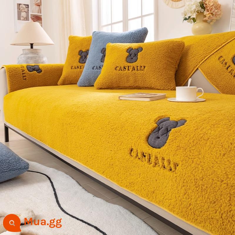 Lông Cừu Nhung Sofa Đệm Mùa Đông Dày Sang Trọng Đệm Chống Trơn Trượt Da Ghế Sofa Mùa Thu Đông Đệm Khăn Vải - Gấu màu vàng hung bạo