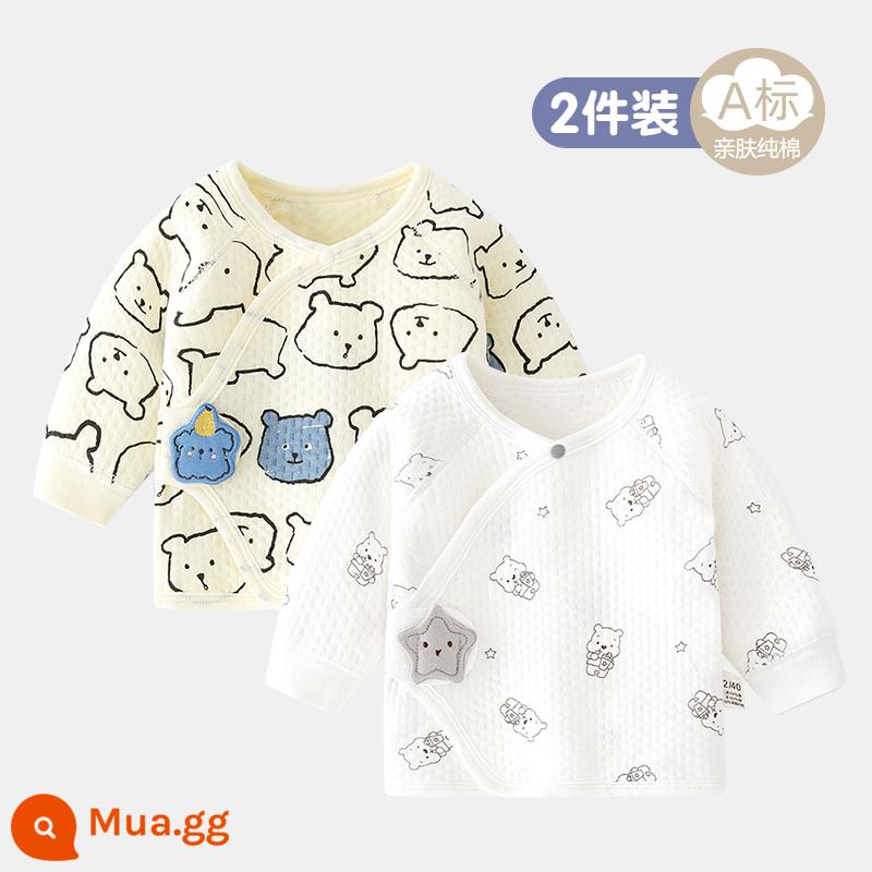 2 gói cho bé 0-3 tháng tuổi áo hở lưng không xương bằng vải cotton nguyên chất mùa xuân, mùa thu và mùa đông áo sơ sinh mỏng và quần áo mùa hè - Ba lớp giữ ấm - 2 chiếc (gấu ngôi sao + gấu in toàn thân màu be)