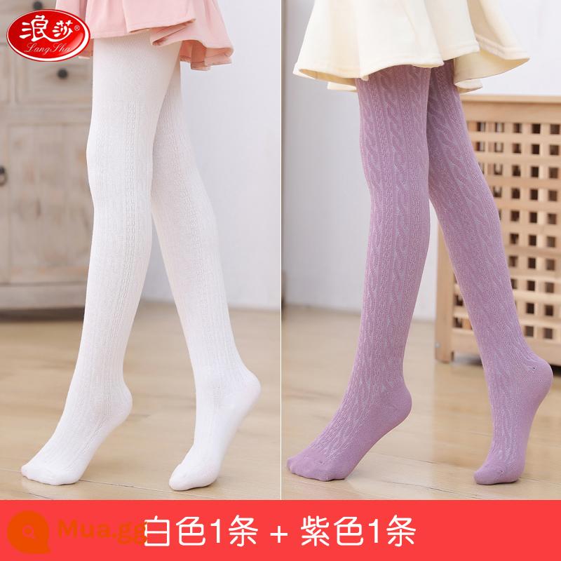 Langsha trẻ em mùa xuân và mùa thu pantyhose mỏng nhung mỏng lớn trẻ em mặc bên trong màu trắng quần bé gái đen khiêu vũ vớ - Trắng + Tím [Giống như Xiaoqi] Tất cotton nguyên chất mùa xuân và mùa thu dày vừa phải