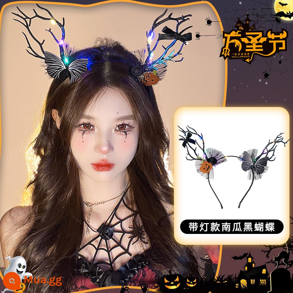 Halloween mũ đội đầu hình ảnh ngộ nghĩnh đạo cụ cos phụ kiện cài áo dạ quang tóc vòng tóc trang trí phụ kiện tóc tóc vòng - Bướm đen bí ngô có ánh sáng