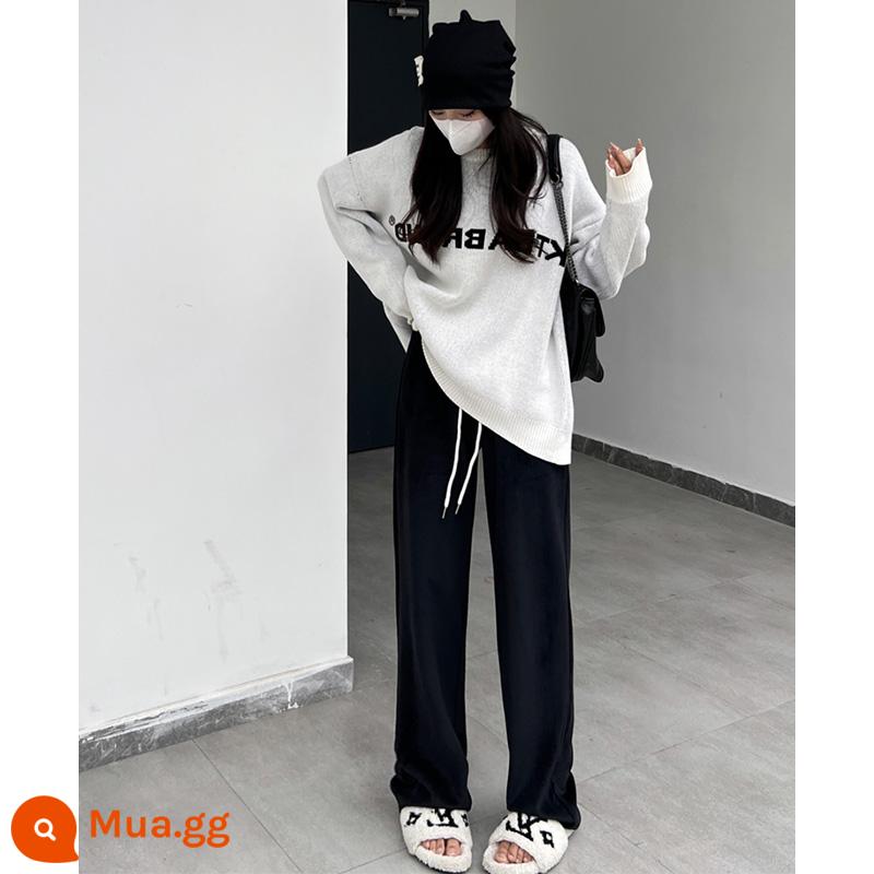 Off-white plus nhung chenille quần ống rộng của phụ nữ mùa thu và mùa đông mới nhỏ eo cao xếp nếp quần lau nhà - người da đen nhỏ