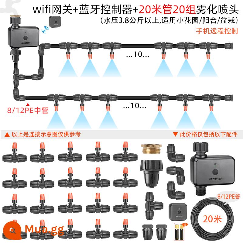 nadster điện thoại di động điều khiển từ xa tưới cây tự động tạo tác không dây WiFi thời gian tưới nước thiết bị tưới thông minh - Cổng + Bộ điều khiển Bluetooth + 20 bộ vòi phun nguyên tử treo