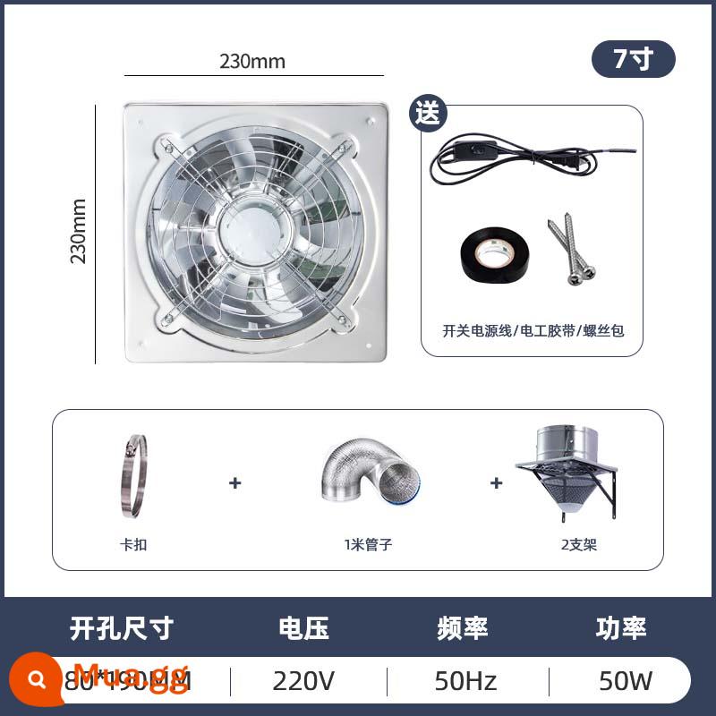 Quạt Hút Nhà Bếp Hộ Gia Đình Hút Mạnh Mẽ Im Lặng Quạt Thông Gió Bột Phòng Ống Inox Quạt Hút - 7 inch + ống 1 mét + 1 khóa + 2 giá đỡ