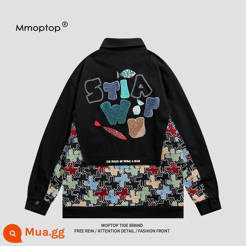 Mmoptop mùa thu thêu áo khoác denim nam Mỹ triều thương hiệu rời cặp đôi áo khoác nam mùa thu đông quần áo nam - đen