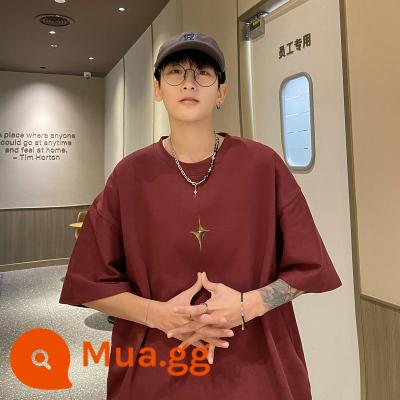 Cotton Mỹ oversize260g nặng T-shirt nam ngắn tay thương hiệu hợp thời trang mùa hè quần áo nửa tay đường phố thời trang - Burgundy (in hình ngôi sao)