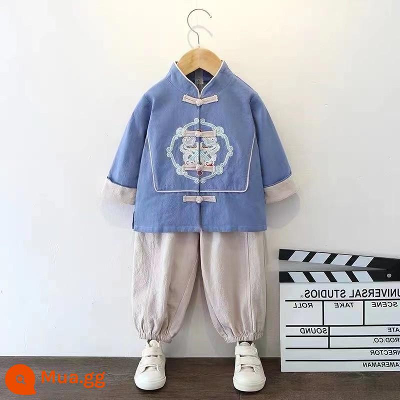 Bé trai Hanfu Xuân Thu Bộ Đồ Cotton và Vải Lanh 2023 Trẻ Em Đường Phù Hợp Với Văn Hóa Trung Quốc Trình Diễn Quần Áo Bé Trai Phong Cách Trung Hoa Retro Quần Áo - Bộ 61 màu xanh