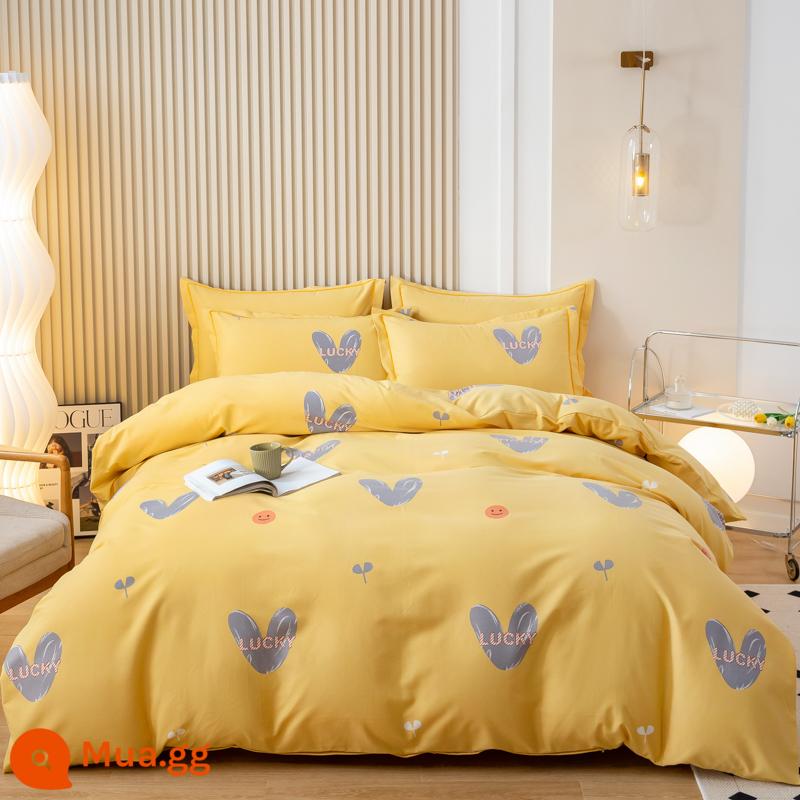 Dày cotton nguyên chất 4 mảnh 100 cotton chải cao cấp giường vỏ chăn đơn giản phong cách Bắc Âu chăn ga gối ins - Ý định ban đầu-màu vàng