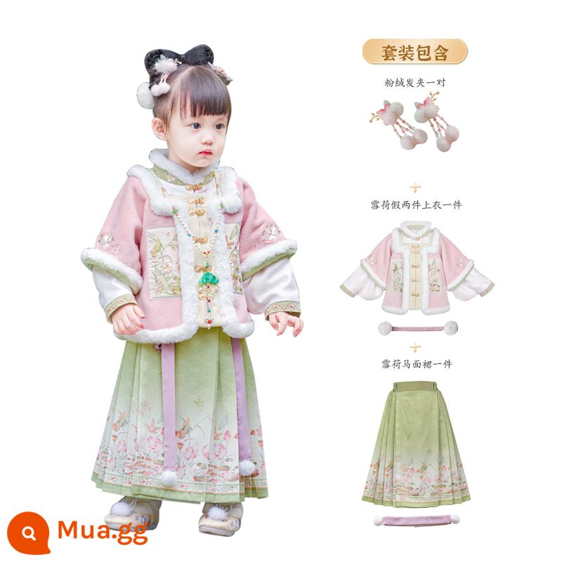 Shu Li.Xuehe Hanfu Girls Winter Plus Velvet 2023 Quần áo đêm giao thừa dành cho nữ Trang phục cổ xưa của nhà Minh Váy mặt ngựa dành cho trẻ em - Bộ đồ hoa sen tuyết + kẹp nhung hồng