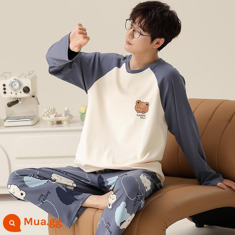 2022 Mới Bộ Đồ Ngủ Nam Xuân Thu Nam Cotton Nguyên Chất Tay Dài Bé Trai Teen Thu Đông Homewear Bộ - Núi ngọc say rượu