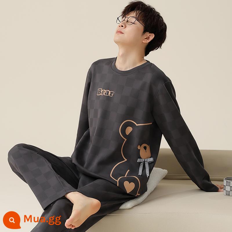 2022 Mới Bộ Đồ Ngủ Nam Xuân Thu Nam Cotton Nguyên Chất Tay Dài Bé Trai Teen Thu Đông Homewear Bộ - Ngoại hình phi thường