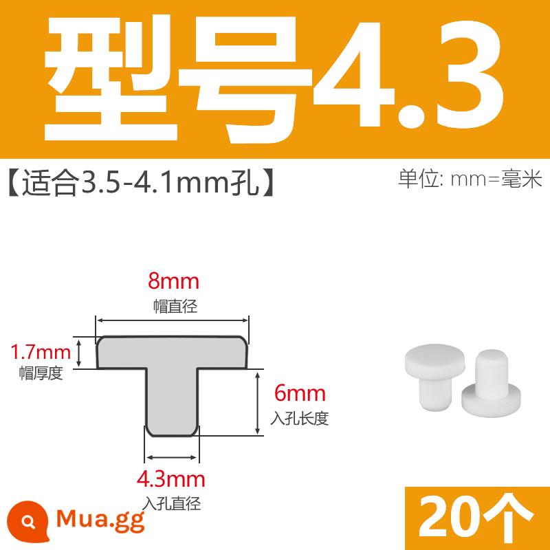 T-hình silicone cắm không thấm nước niêm phong chặn cắm cao su lỗ cắm cao su mềm cắm lỗ tròn cắm nhựa cắm ống cắm cắm bìa - Model 4.3 (phù hợp với lỗ 3,5-4,1mm)/20 chiếc màu trắng