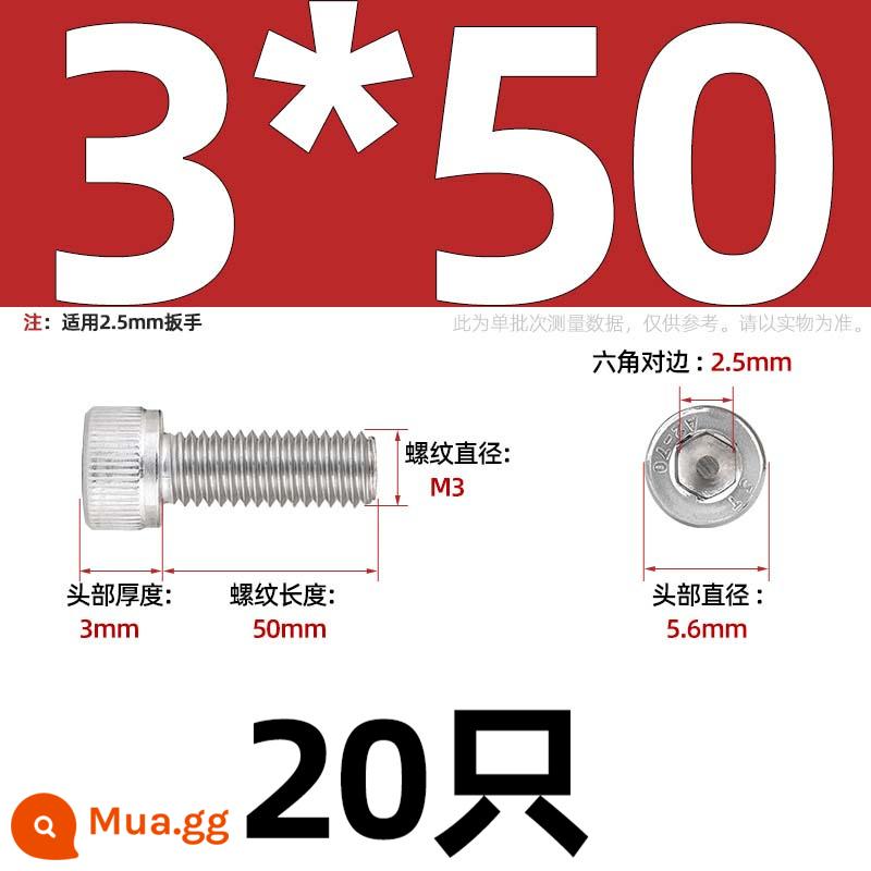 Thép Không Gỉ 304 Bên Trong Vít Lục Giác Cốc Đầu Bu Lông Hình Trụ Đầu Kéo Dài M1.6M2M3M4M5M6M8M10mm - Chỉ M3*50-20