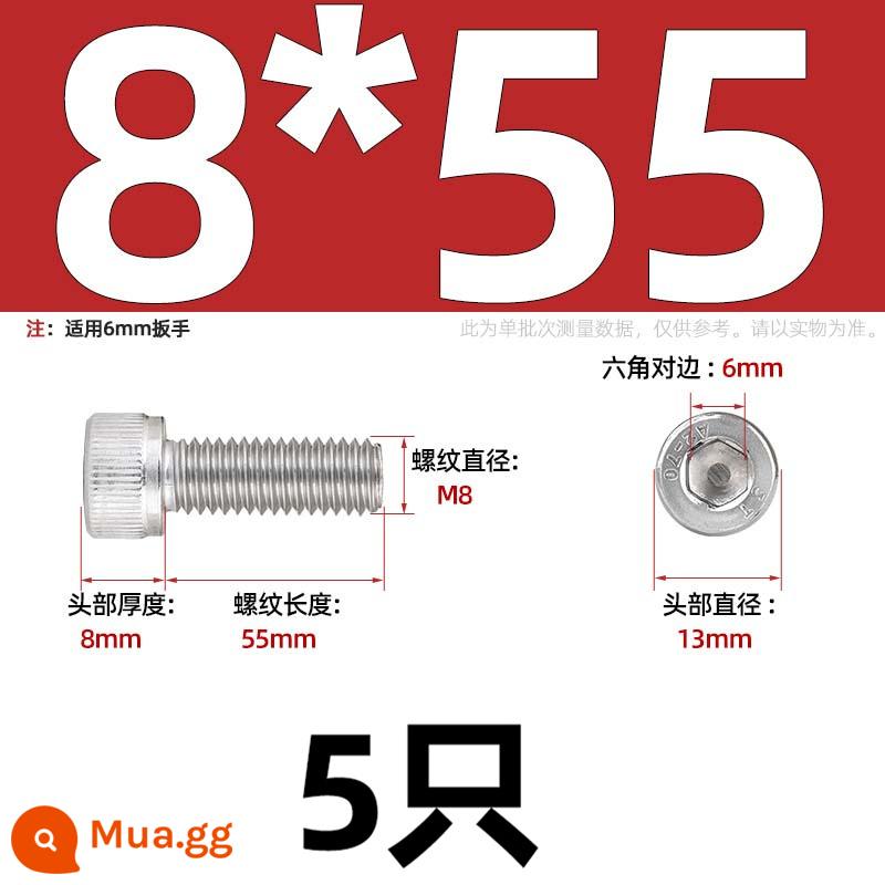 Thép Không Gỉ 304 Bên Trong Vít Lục Giác Cốc Đầu Bu Lông Hình Trụ Đầu Kéo Dài M1.6M2M3M4M5M6M8M10mm - Chỉ M8*55-5