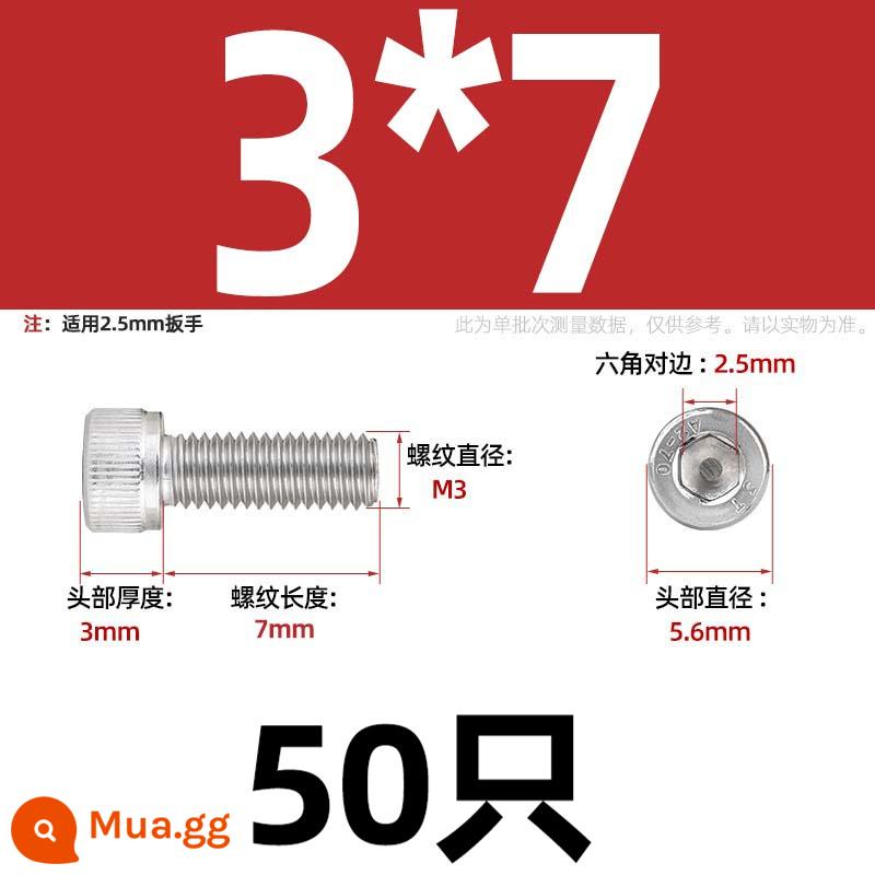 Thép Không Gỉ 304 Bên Trong Vít Lục Giác Cốc Đầu Bu Lông Hình Trụ Đầu Kéo Dài M1.6M2M3M4M5M6M8M10mm - Chỉ M3*7-50