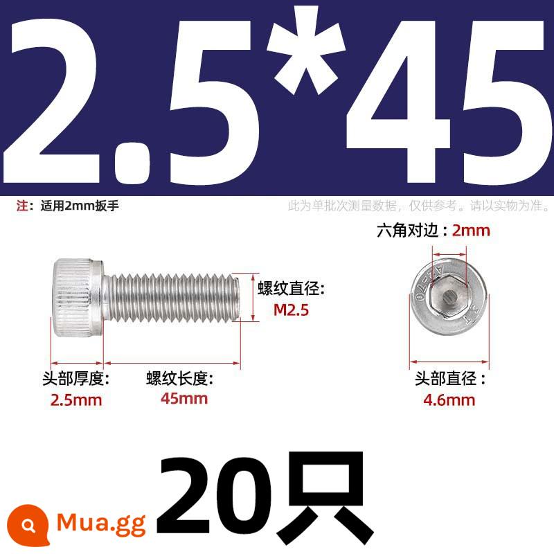 Thép Không Gỉ 304 Bên Trong Vít Lục Giác Cốc Đầu Bu Lông Hình Trụ Đầu Kéo Dài M1.6M2M3M4M5M6M8M10mm - Chỉ M2.5*45-20