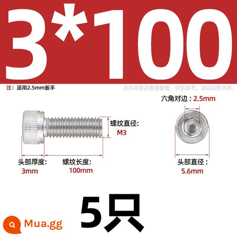 Thép Không Gỉ 304 Bên Trong Vít Lục Giác Cốc Đầu Bu Lông Hình Trụ Đầu Kéo Dài M1.6M2M3M4M5M6M8M10mm - Chỉ M3*100-5