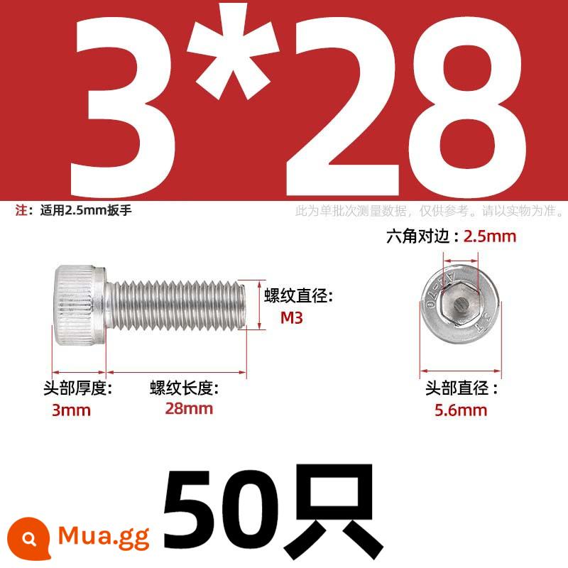 Thép Không Gỉ 304 Bên Trong Vít Lục Giác Cốc Đầu Bu Lông Hình Trụ Đầu Kéo Dài M1.6M2M3M4M5M6M8M10mm - Chỉ M3*28-50