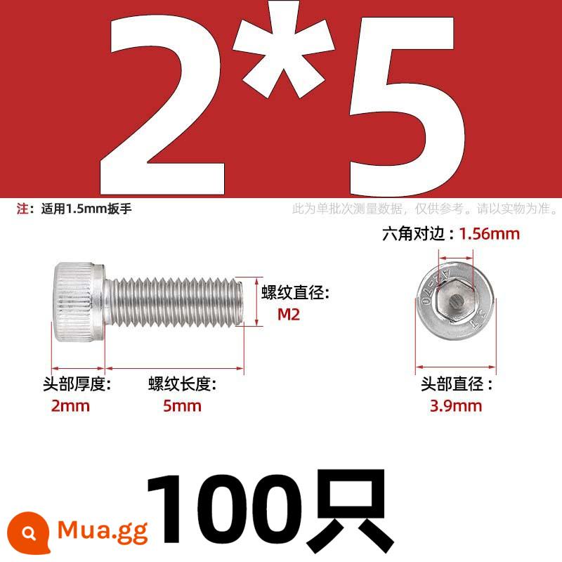 Thép Không Gỉ 304 Bên Trong Vít Lục Giác Cốc Đầu Bu Lông Hình Trụ Đầu Kéo Dài M1.6M2M3M4M5M6M8M10mm - M2*5-100 miếng