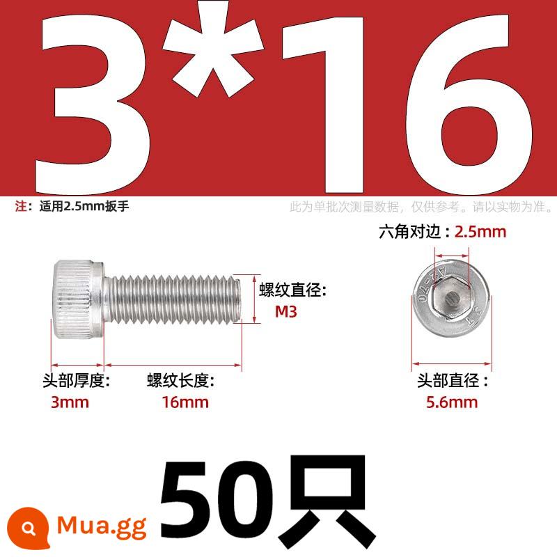 Thép Không Gỉ 304 Bên Trong Vít Lục Giác Cốc Đầu Bu Lông Hình Trụ Đầu Kéo Dài M1.6M2M3M4M5M6M8M10mm - Chỉ M3*16-50