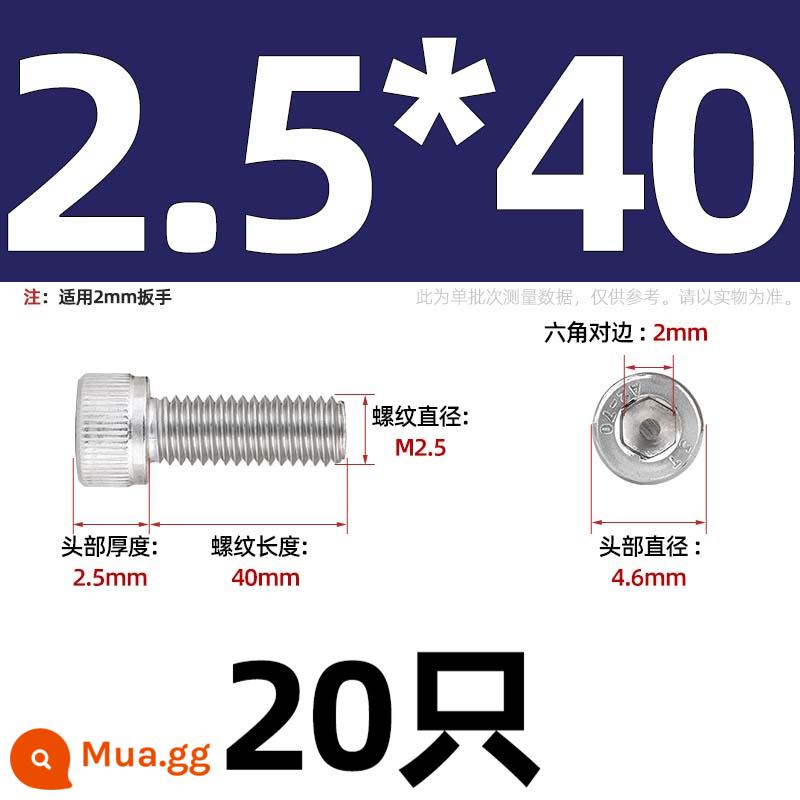 Thép Không Gỉ 304 Bên Trong Vít Lục Giác Cốc Đầu Bu Lông Hình Trụ Đầu Kéo Dài M1.6M2M3M4M5M6M8M10mm - Chỉ M2.5*40-20