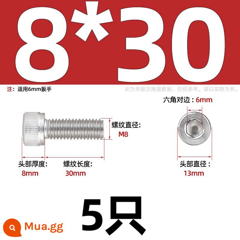 Thép Không Gỉ 304 Bên Trong Vít Lục Giác Cốc Đầu Bu Lông Hình Trụ Đầu Kéo Dài M1.6M2M3M4M5M6M8M10mm - Chỉ M8*30-5