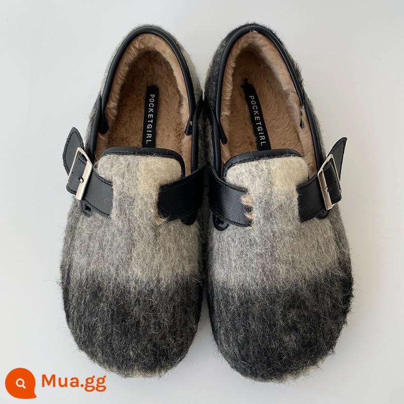 Giày Betken cơ sở mềm mại Betken Winter Winter Hàn Quốc Retro Lazy vượt qua cái đầu lớn xấu xí Mạnh và Velvet Flat Flat Douquets - Màu xám đen (cộng với nhung)