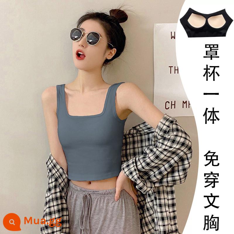 Cotton nguyên chất màu đen cổ vuông yếm trong của phụ nữ mặc trong mùa xuân và mùa thu ngắn dây đeo vai rộng lưng đẹp cộng với nhung bên ngoài mặc dưới cùng - Xám khói [đệm ngực buộc vuông]