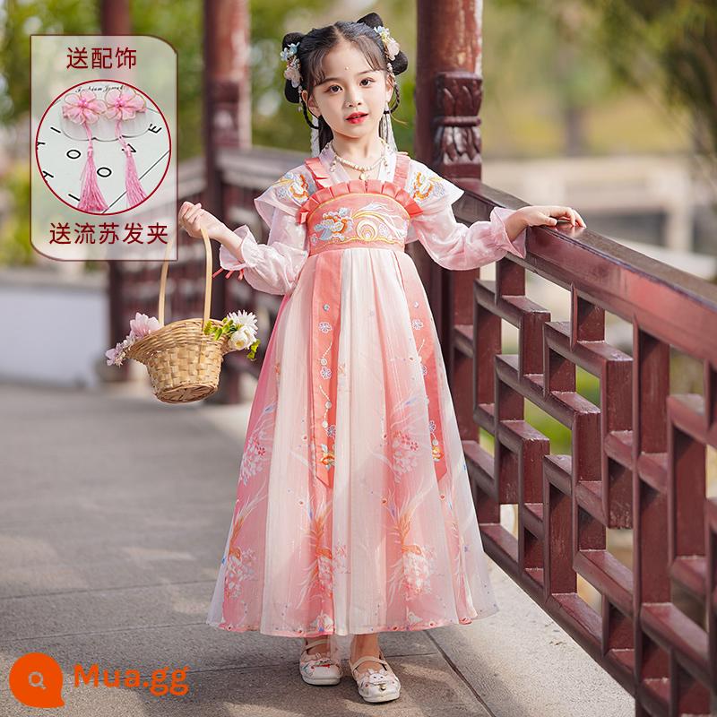 Hanfu bé gái mùa hè váy cổ mùa hè trẻ em nữ phong cách cổ Tang phù hợp với váy bé gái mùa hè váy công chúa - 2306 Tay Dài Màu Hồng [Tặng Kẹp Tóc]