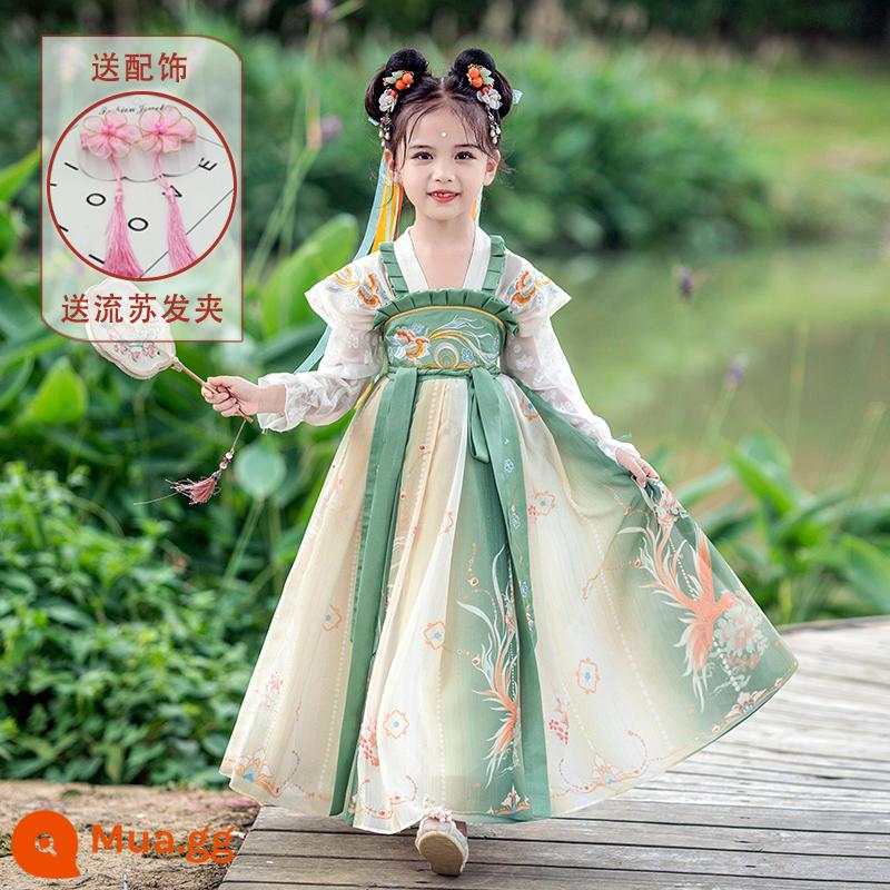 Hanfu bé gái mùa hè váy cổ mùa hè trẻ em nữ phong cách cổ Tang phù hợp với váy bé gái mùa hè váy công chúa - 2306 Tay Dài Xanh [Tặng Kẹp Tóc]