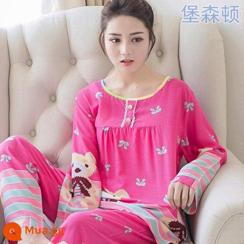 Bộ đồ ngủ dài tay mùa hè cho nữ cotton lụa phù hợp với học sinh rộng rãi kích thước lớn mùa xuân và mùa thu cotton lụa mỏng phục vụ tại nhà bộ hai mảnh - Gấu đỏ hồng [tay áo dài]