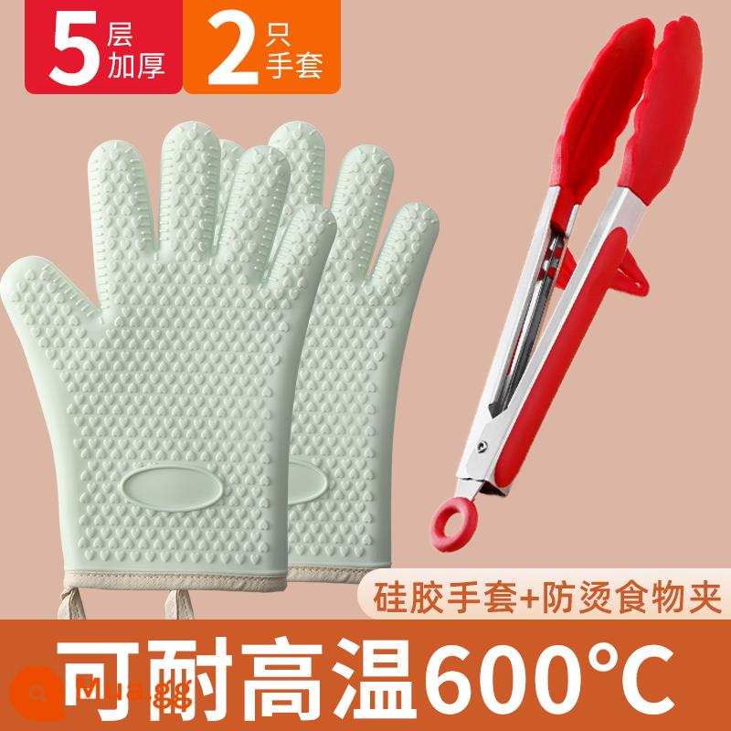 Găng tay chống bỏng cách nhiệt silicone dày bếp lò nướng đặc biệt chịu nhiệt độ cao chống trượt cách nhiệt lò vi sóng nướng - [Mẫu ngoại thương dày 5 lớp] 2 miếng + kẹp thức ăn chống bỏng