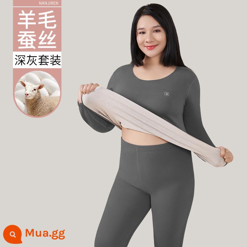 Nam Cực Người Plus Mỡ Plus Kích Thước Làm Nóng Quần Áo Nữ Phù Hợp Với 200 Catties Mỡ Mm Quần Áo Mùa Thu Quần Vệ Sinh dày Plus Nhung - Xám đậm (bộ)