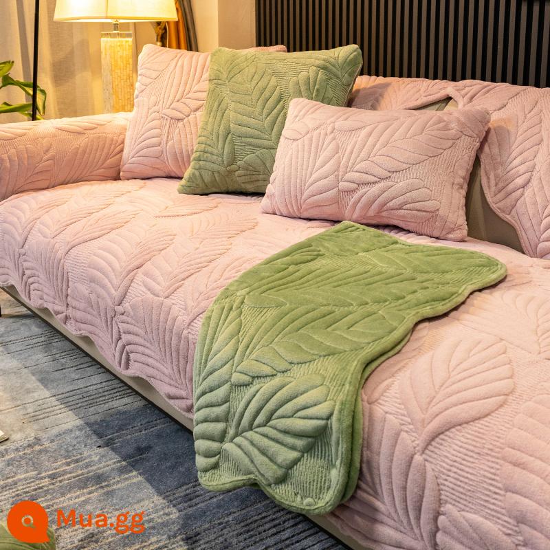 Mùa đông dày sữa nhung đệm sofa Bắc Âu đơn giản hiện đại đệm da sang trọng chống trơn trượt đa năng bao vải khăn - Lá vàng-sen hồng