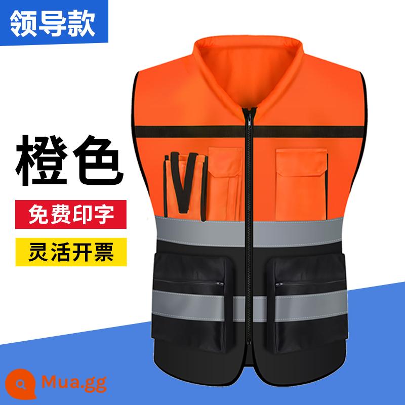 Áo phản quang lưới thoáng khí an toàn thi công áo tùy chỉnh công nhân vệ sinh áo yếm giao hàng quần áo du lịch đêm - Dây kéo nhiều túi dày dặn phong cách màu cam