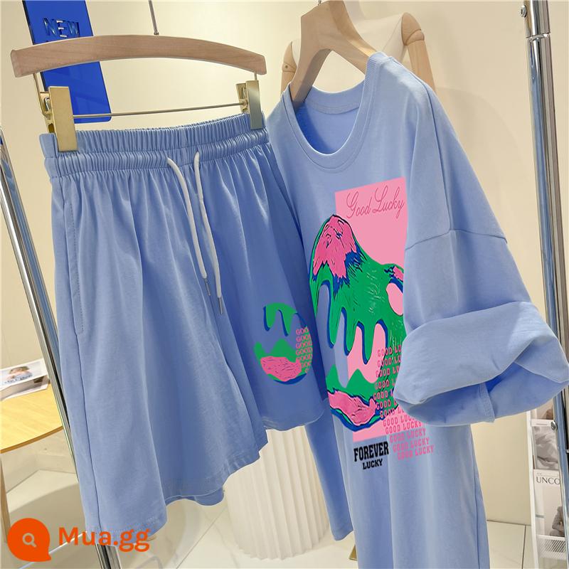 Bộ đồ thể thao cotton nguyên chất cho nữ mùa hè 2024 dáng rộng dáng ôm thời trang ngắn tay + quần ống rộng hợp thời trang - bộ đồ màu xanh nhạt