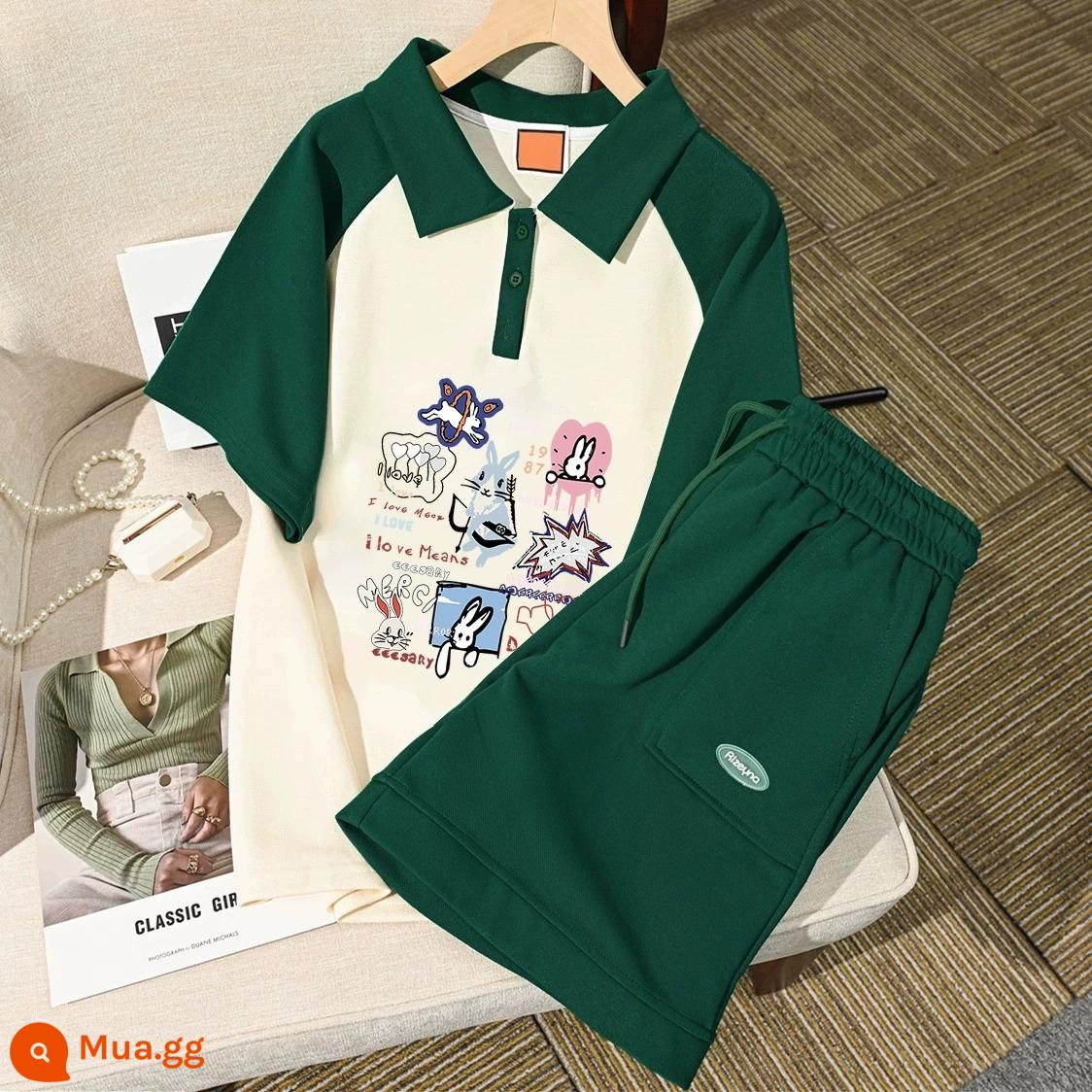 Cotton nguyên chất màu tương phản cổ áo polo ngắn tay thời trang giản dị giảm tuổi phù hợp với phụ nữ mùa hè chiên thể thao đường phố quần ống rộng bộ hai mảnh - Mai và Thỏ Xanh