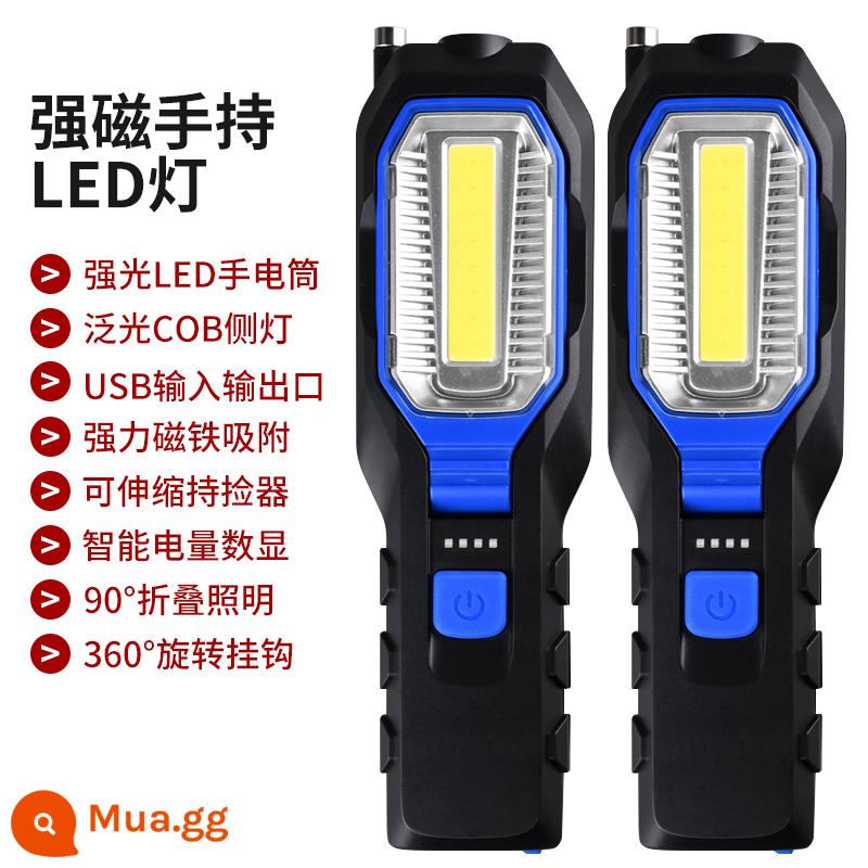 đèn led sạc làm việc ngoài trời ngoài trời cầm tay ánh sáng mạnh hấp thụ sắt ngăn di động mất điện di động chiếu sáng khẩn cấp - [Gói hai chiếc] màu xanh và đen đi kèm với cáp sạc - đèn kép có màn hình sạc cảnh báo điều chỉnh độ sáng bằng nam châm