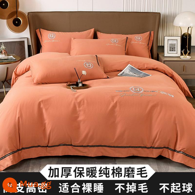 Cao Cấp 200 Tính Cotton Dày Chải 4 Bộ Cotton Nguyên Chất 100 Giường Vỏ Chăn Mùa Đông Chăn Ga Gối Ấm Áp - G-Cam cao cấp [bông nguyên chất dày chải]