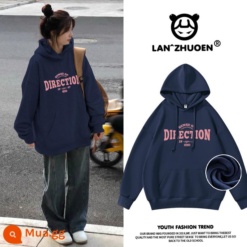 Áo thun cotton dày màu đen nữ xuân thu 2024 phong cách mới hot mùa thu đông cộng với áo khoác nhung đầu xuân đầu xuân có mũ trùm đầu - Nhung màu xanh hải quân hồng định hướng