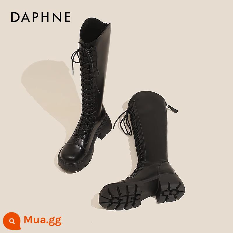 Giày cao cổ đế dày Daphne dành cho nữ 2023 mới mùa thu đông cổ chữ V cổ chữ V Giày bốt buộc dây gót dày Giày đi xe kiểu Anh - Vải nhung đen