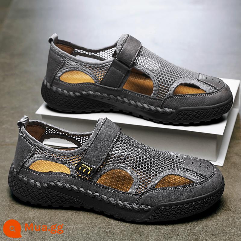 Giày sandal nam mùa hè ngoài trời mang leo núi lội nước giày lưới bố thể thao thoáng khí Bao Đầu bãi biển có lỗ giày - xám